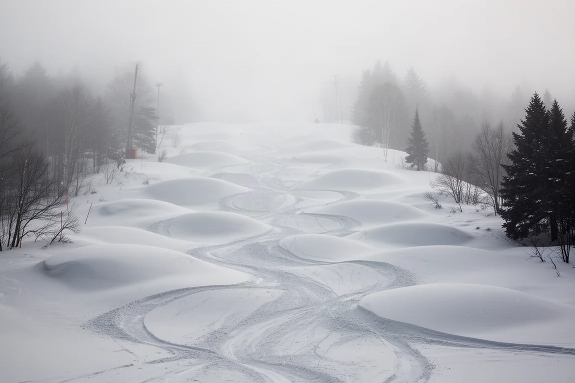 Mogul field in flat low-visibility light with ski tracks between bumps