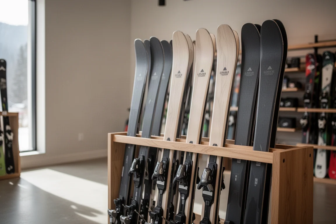 Row of twin-tip skis standing in a wooden rack in a ski shop
