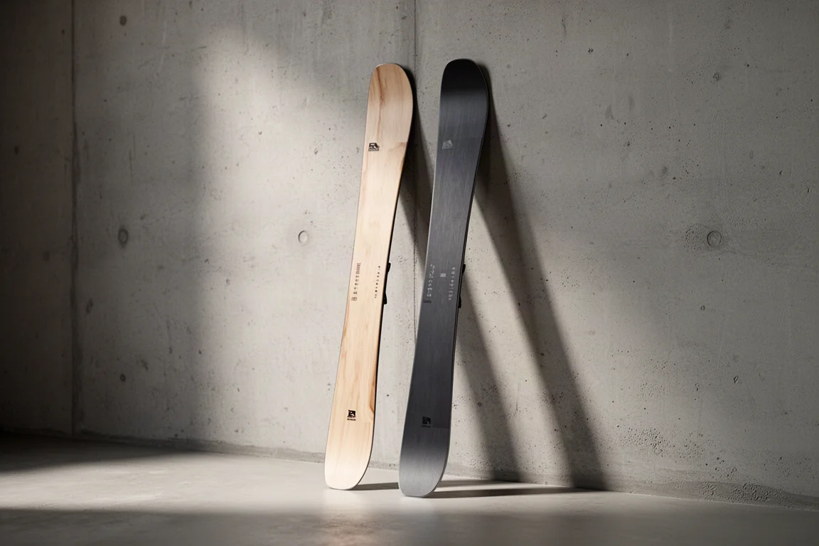 Two all-mountain twin-tip skis with wood-tone and charcoal topsheets against a concrete wall