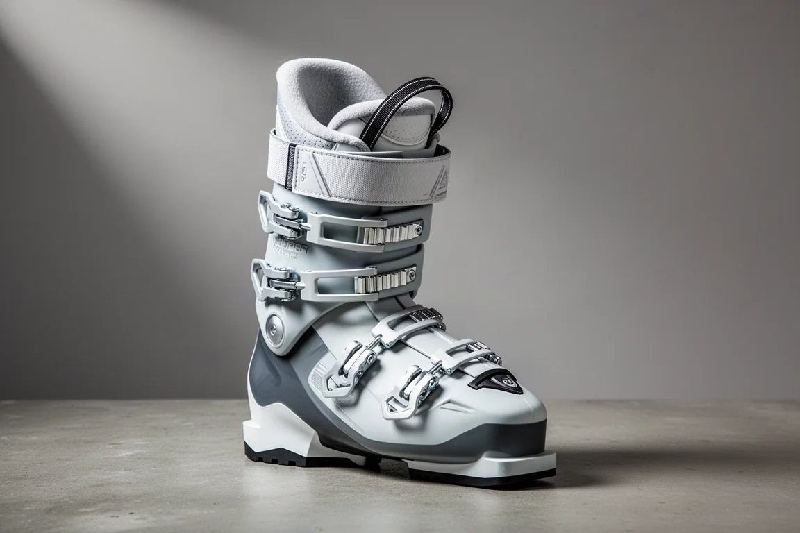 Bota de esquí alpino para mujer con cuatro hebillas y strap de potencia sobre una superficie de hormigón
