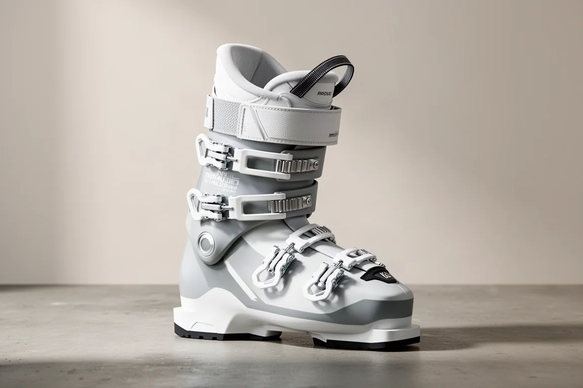 Bota de esquí alpino gris claro con hebillas metálicas y power strap sobre una superficie de hormigón mate