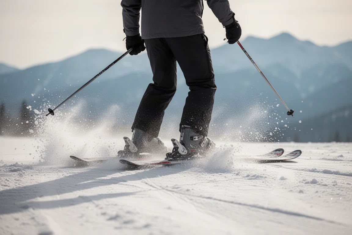 Esquiador em pista preparada derrapando os esquis de lado e levantando neve solta