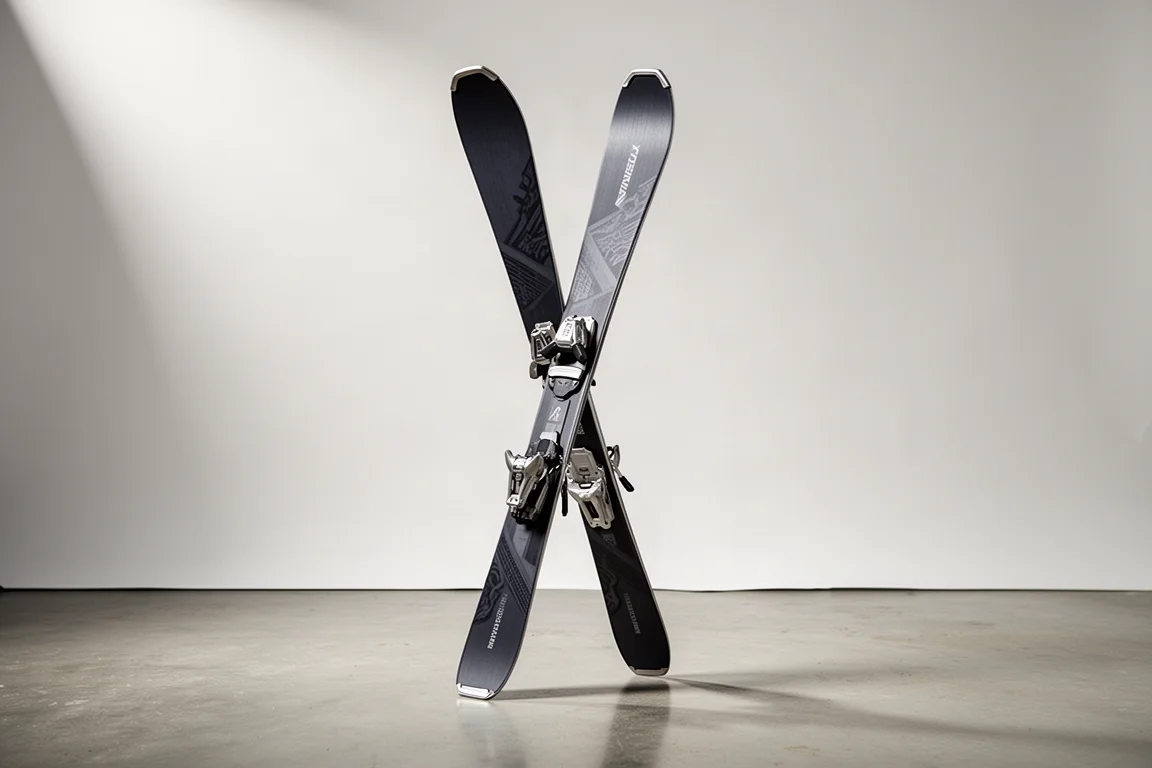 Pair of narrow carving skis with metal bindings standing on a pale concrete floor