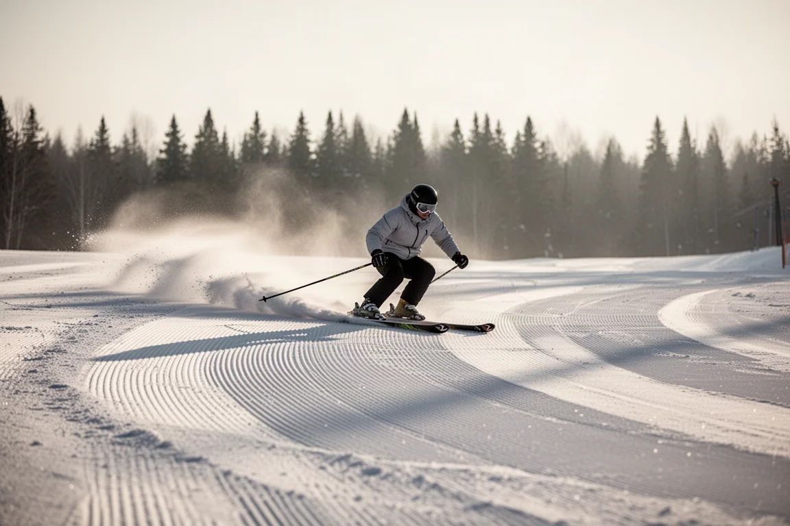 Skier carving a clean arc across a groomed piste in early morning light