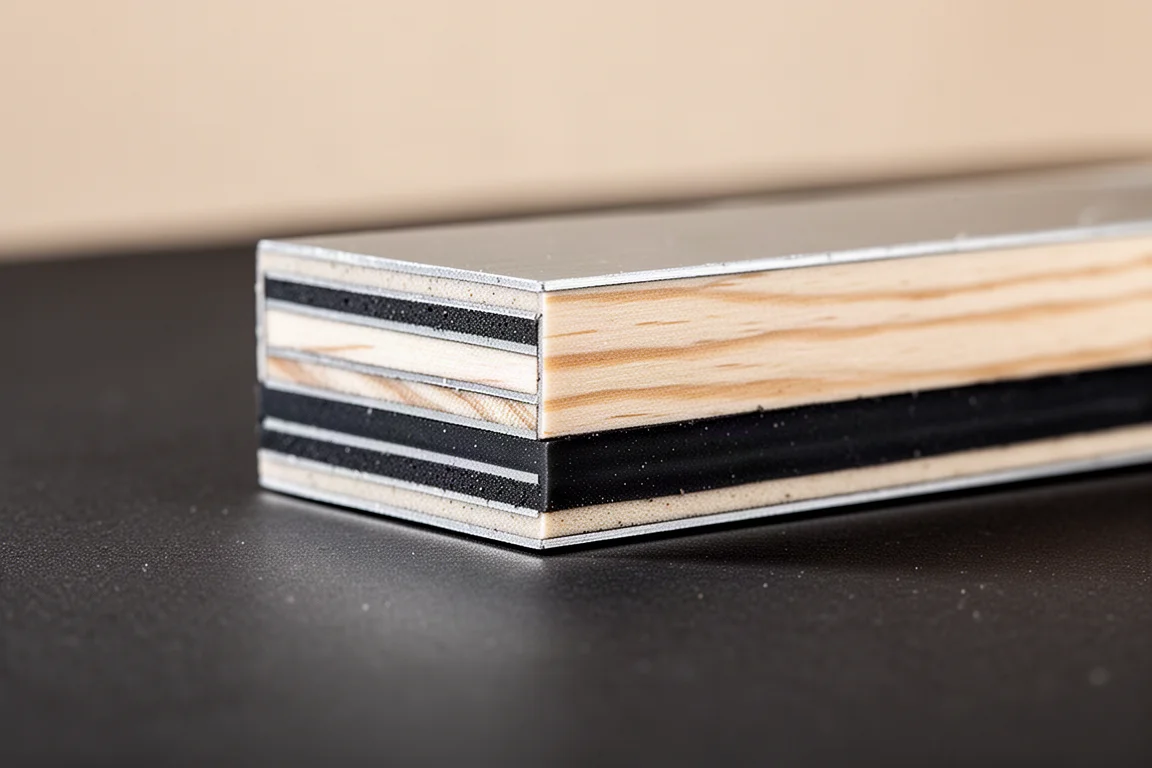 Macro cross-section of a ski showing alternating metal, wood, and elastomer layers