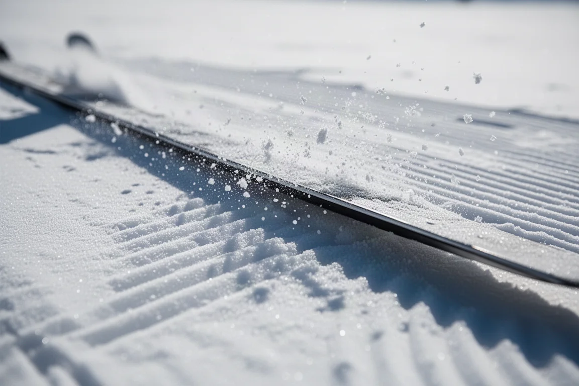 Low angle view of a ski edge biting into groomed snow with snow spray