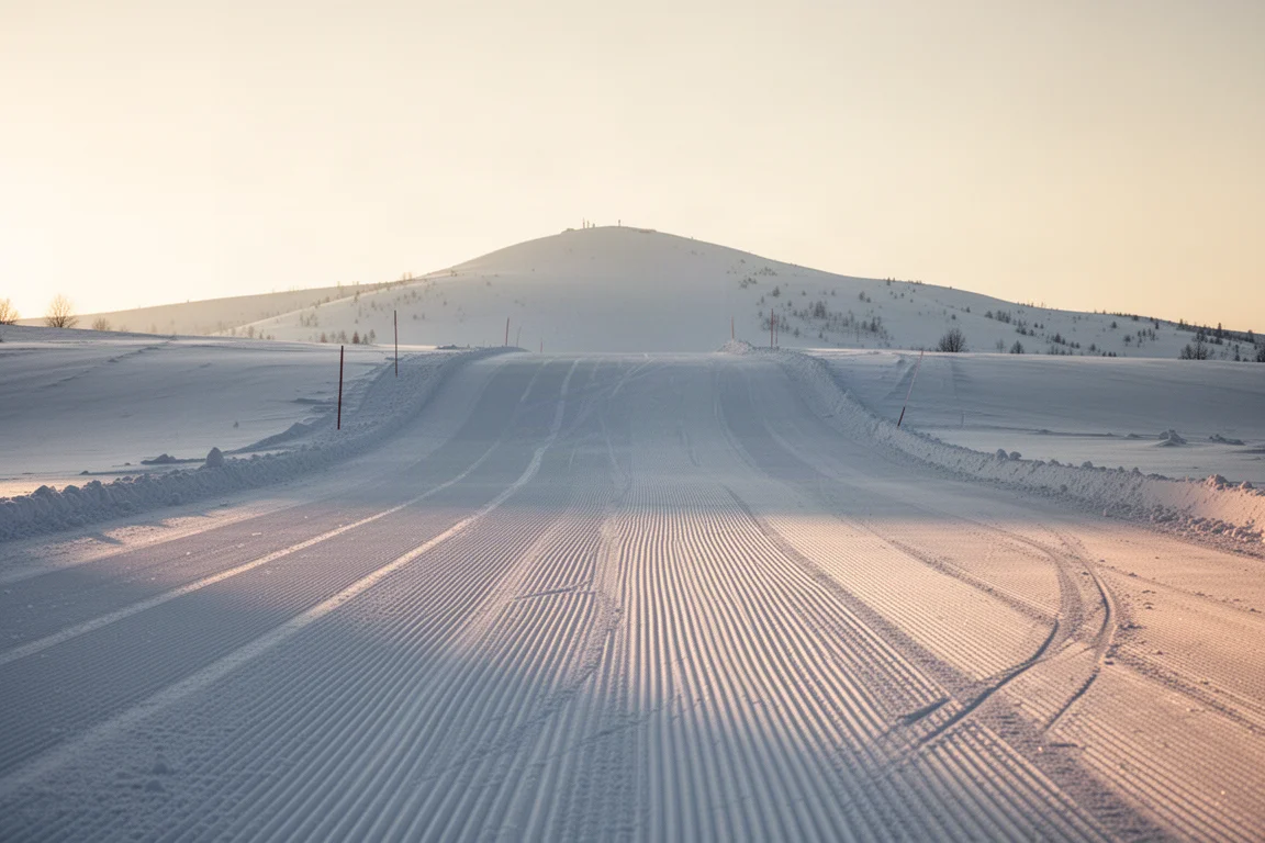 Empty groomed ski run with fresh corduroy lines at sunrise