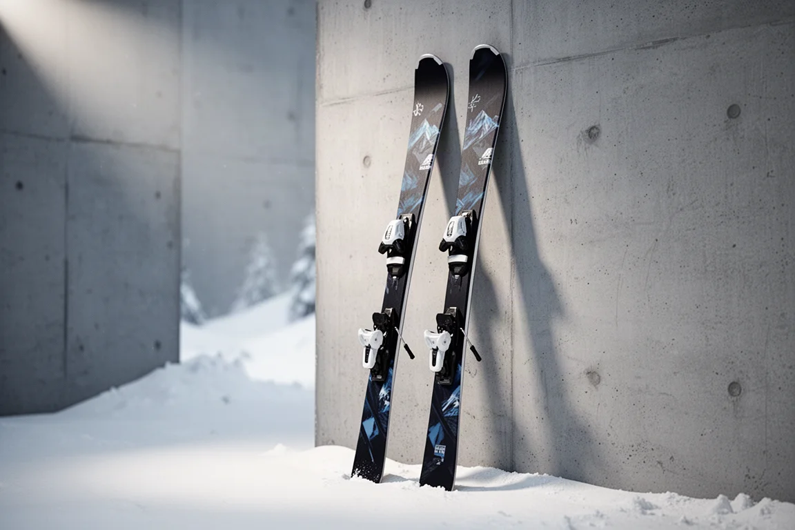 Narrow frontside alpine skis with dark graphic topsheet leaning against a concrete wall