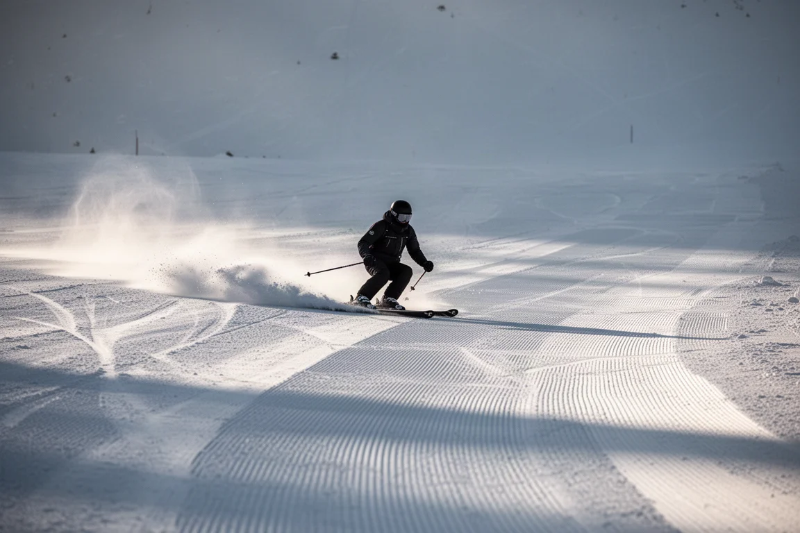 遠處滑雪者在寬闊壓整雪道上滑出中等半徑的轉彎