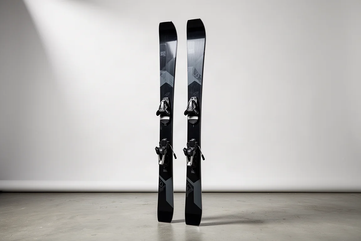 Pair of black frontside carving skis with race plate bindings on a pale grey studio backdrop