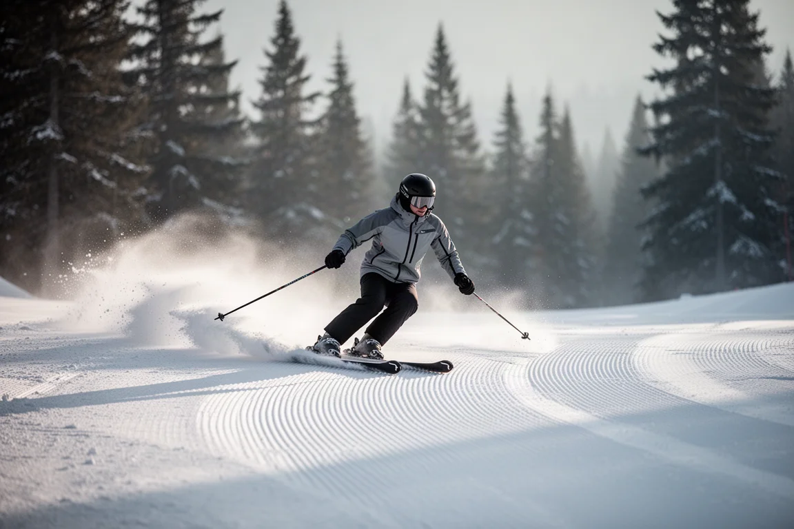 Erfahrener Skifahrer schneidet bei kühlem Morgenlicht eine präparierte Frontside-Piste