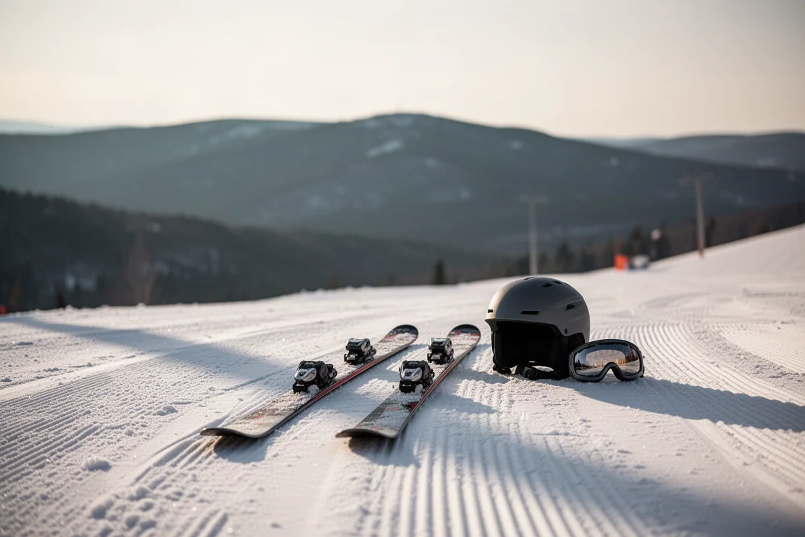 Skier und Helm liegen am Anfang einer präparierten Piste auf festem Schnee