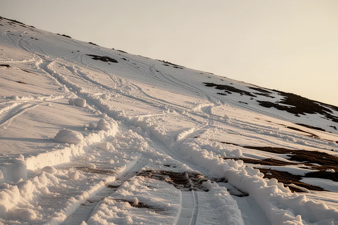 Lägre bergssluttning i varmt eftermiddagsljus med slaskhögar och djupa spår