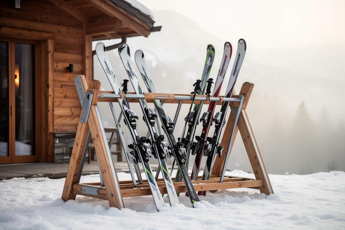 Träsställning för skidor utanför ett fjällhotell i tidig morgonljus med snö på marken