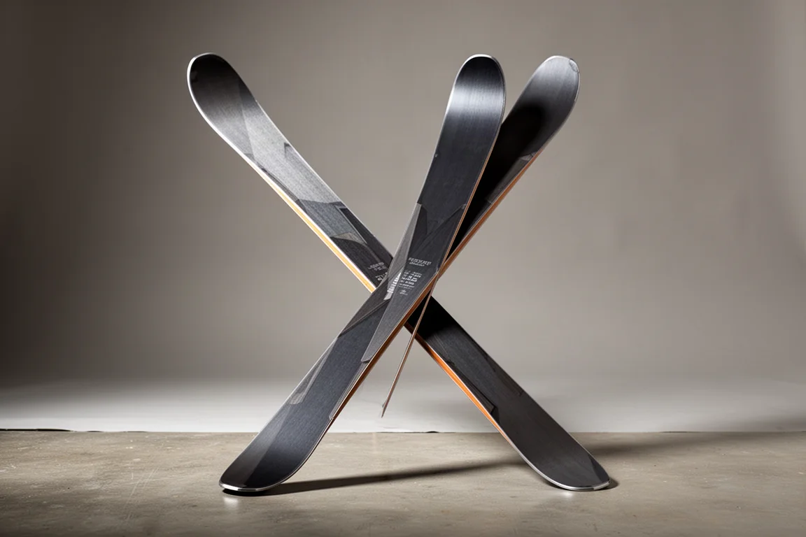 Pair of narrow frontside alpine skis with dark matte topsheet on a grey backdrop