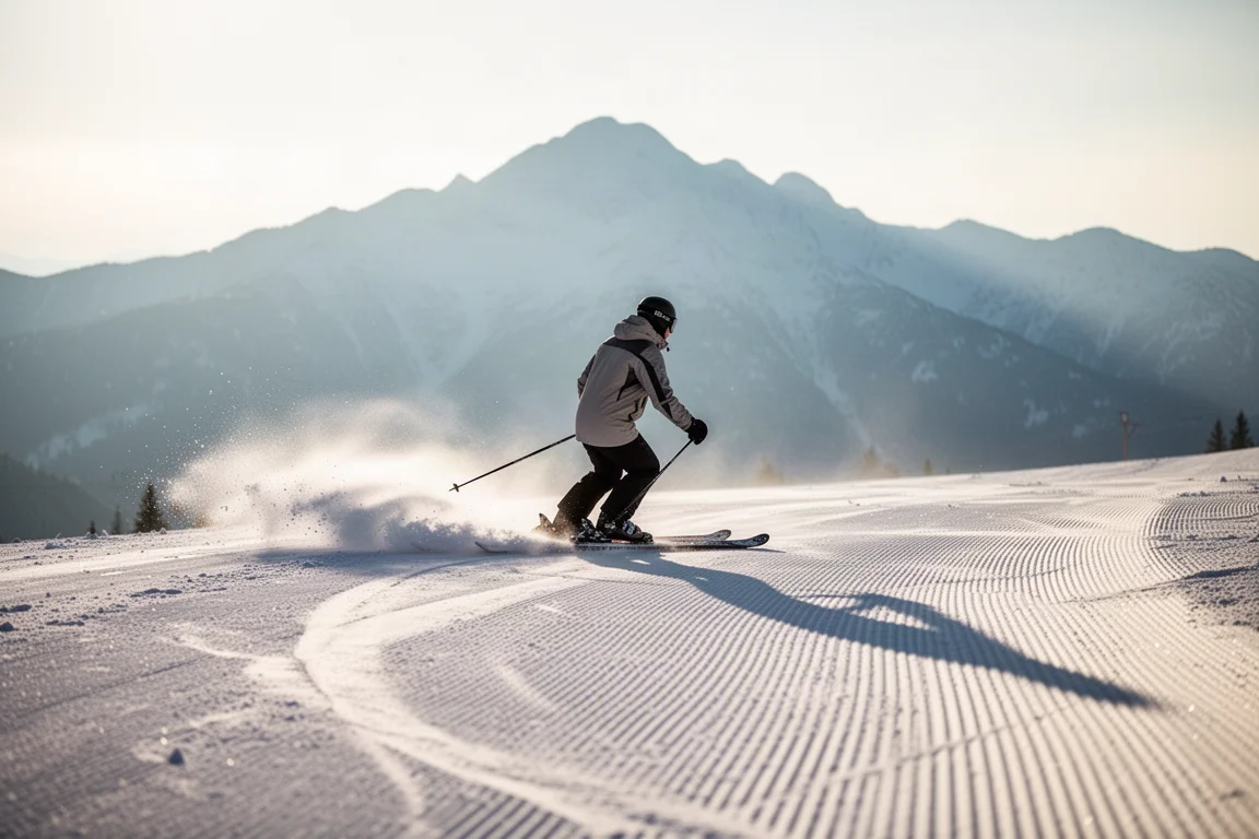 Skifahrer zieht bei frühmorgendlichem Licht eine saubere Kurve auf einer frisch präparierten Piste