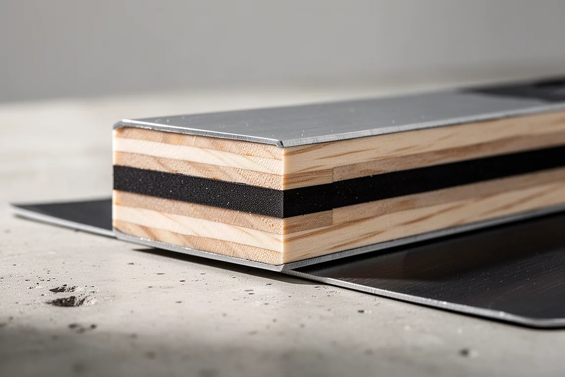 Makro-Querschnitt eines Alpinski mit abwechselnden Schichten aus Metall, Holz und Elastomer