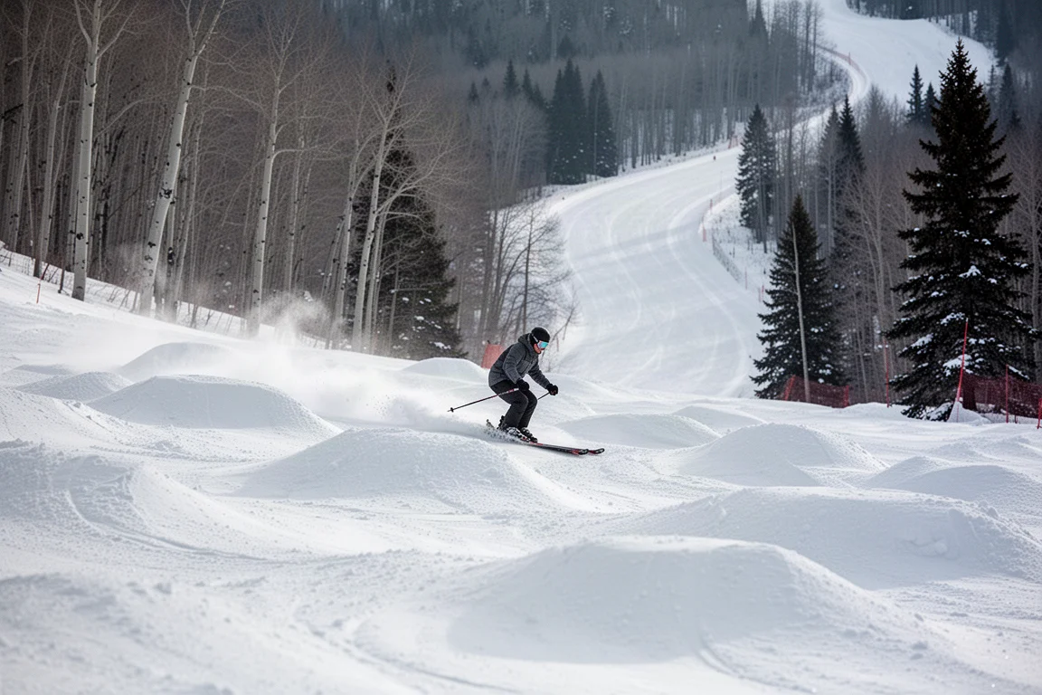 Skifahrer bewältigt bei flachem Licht eine buckelige, ausgefahrene Mogul-Linie auf einem Resort-Hang
