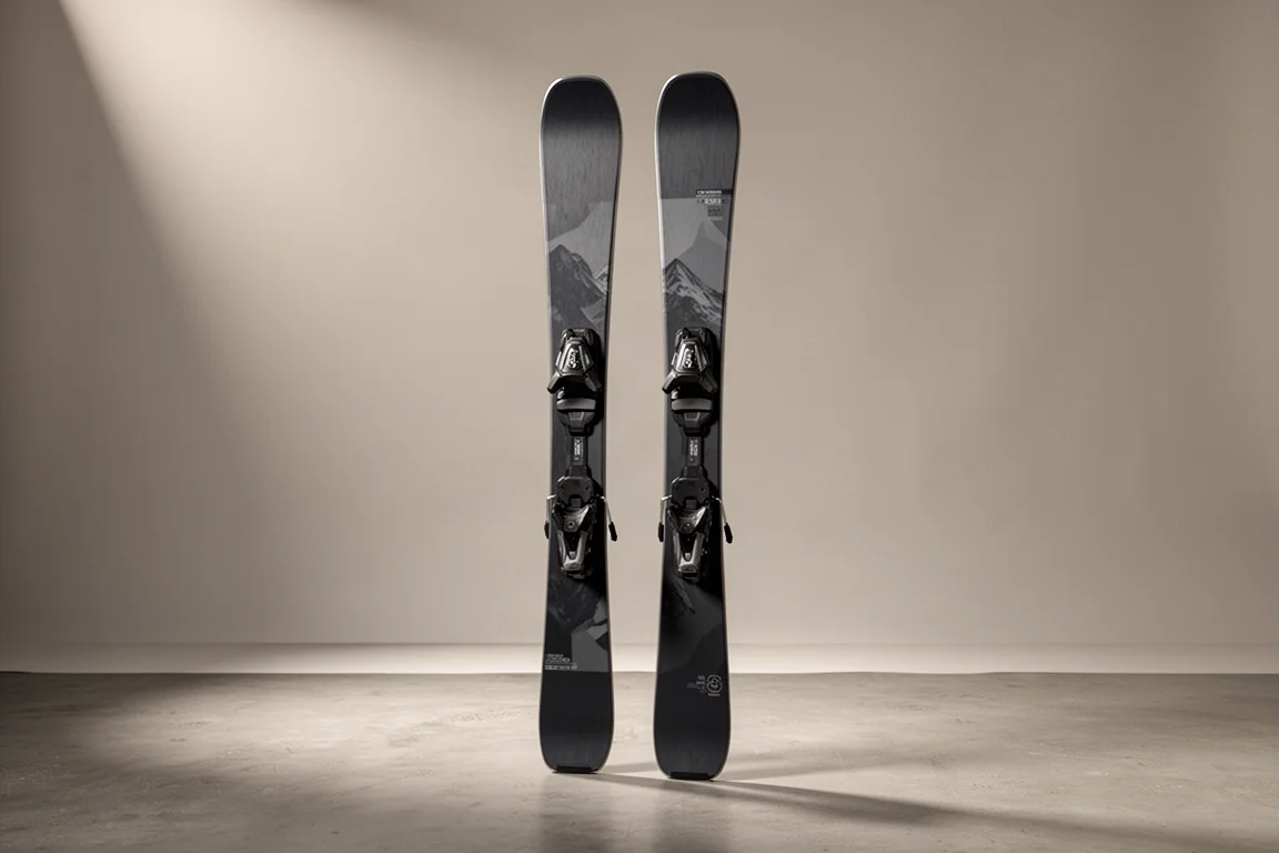 Pair of dark charcoal frontside alpine skis with bindings standing upright on a concrete floor