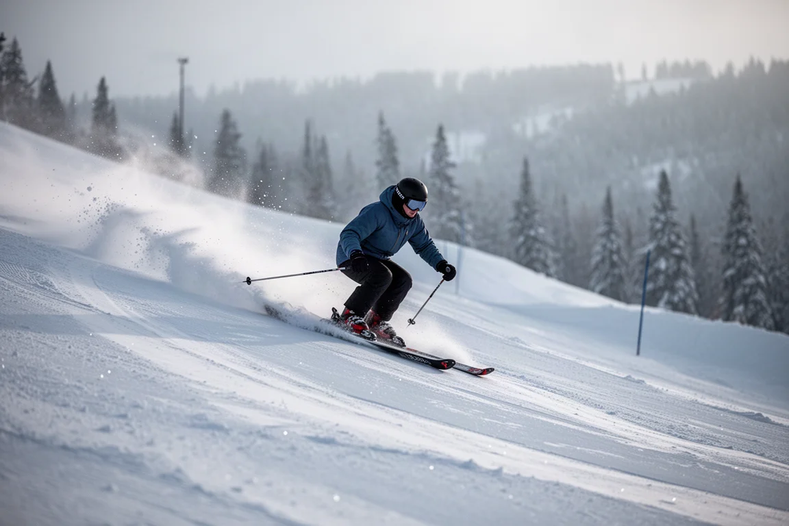 Skiër snijdend door een strak geprepareerde piste in koud ochtendlicht