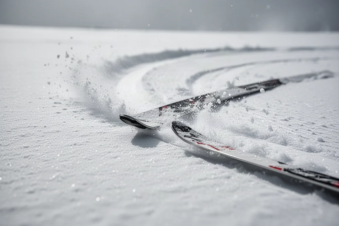 Close-up van skikanten die zich in harde, glanzende geprepareerde sneeuw vastbijten