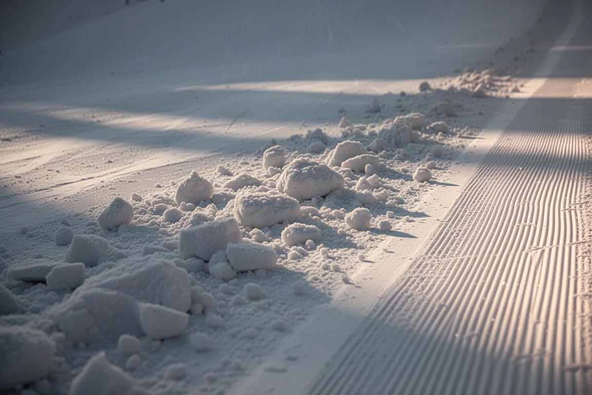 Gkorrelde sneeuw langs de rand van een geprepareerde skipiste