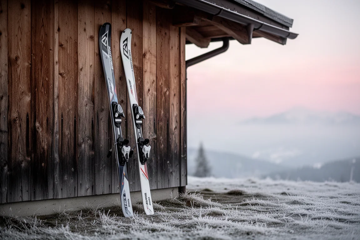 Twee paar carving ski's leunend tegen een resortmuur in de dageraad