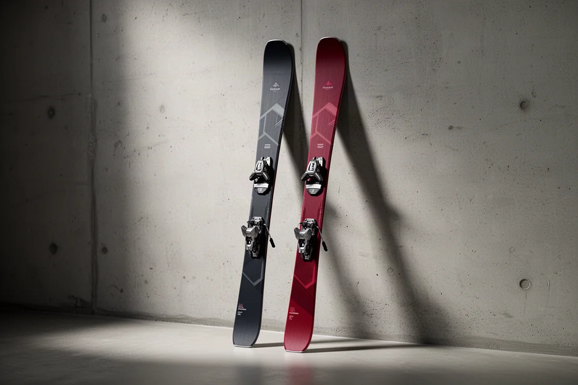 Two pairs of narrow alpine carving skis leaning against a concrete wall