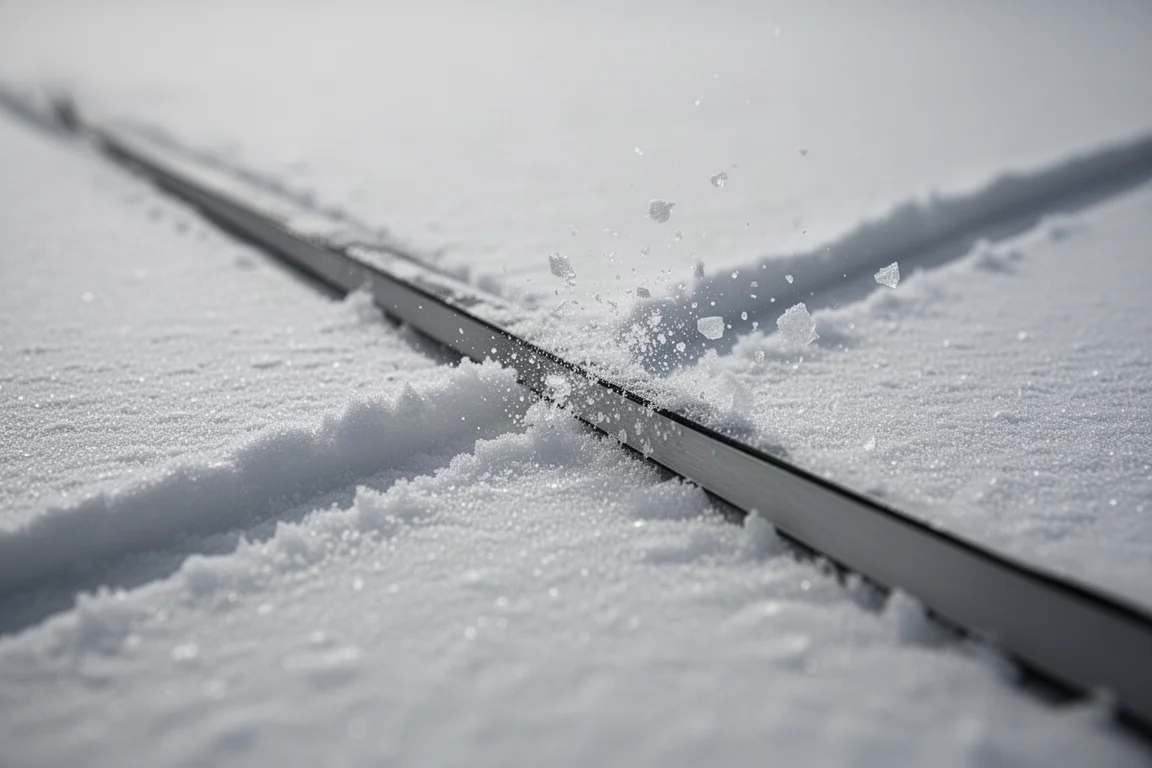 Canto de un esquí estrecho mordiendo nieve dura y helada con proyección de nieve