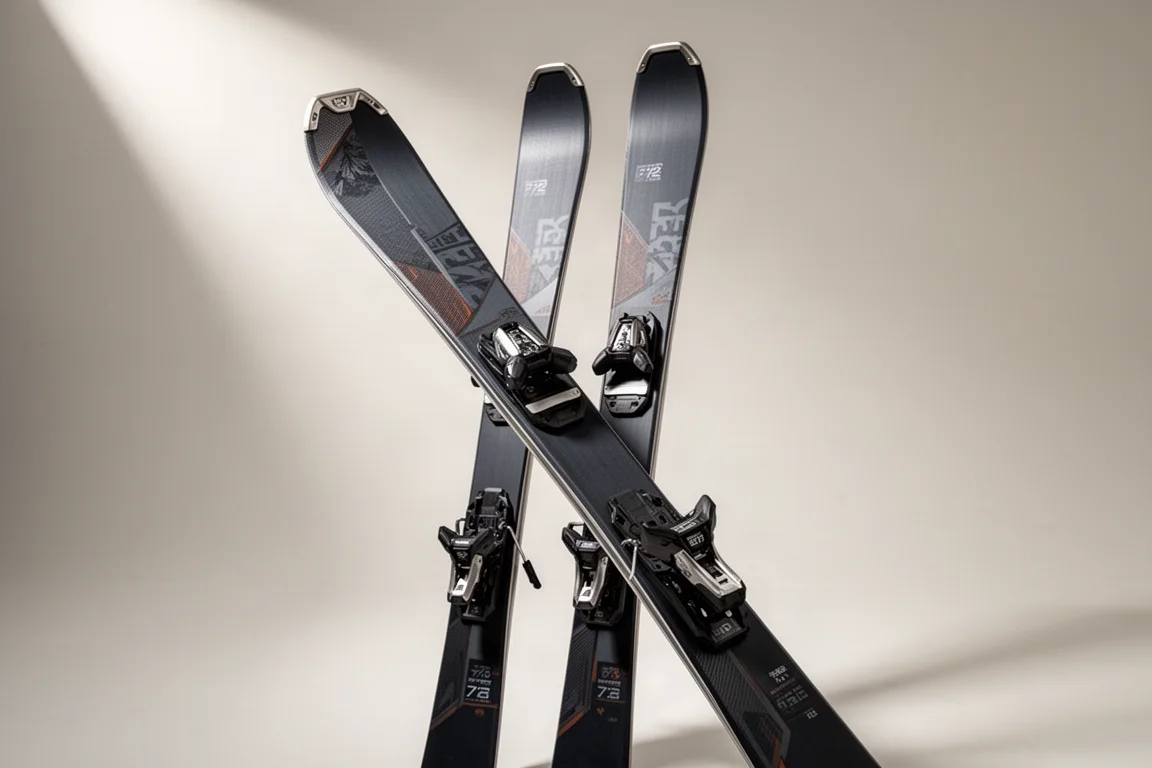 Par de esquís de carving frontside estrechos con fijaciones de sistema sobre un fondo gris pálido