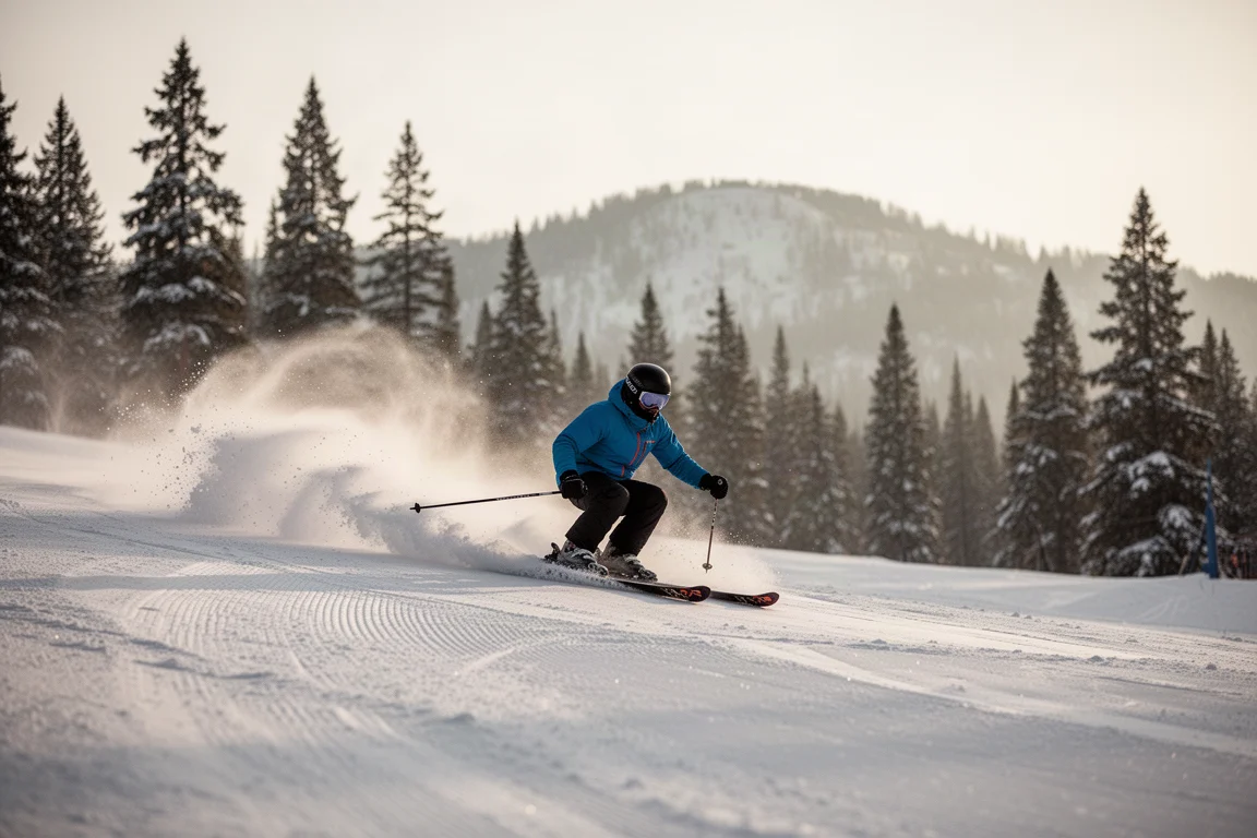 Skifahrer zieht eine Kurve auf frisch präparierter Piste im frühen Morgenlicht