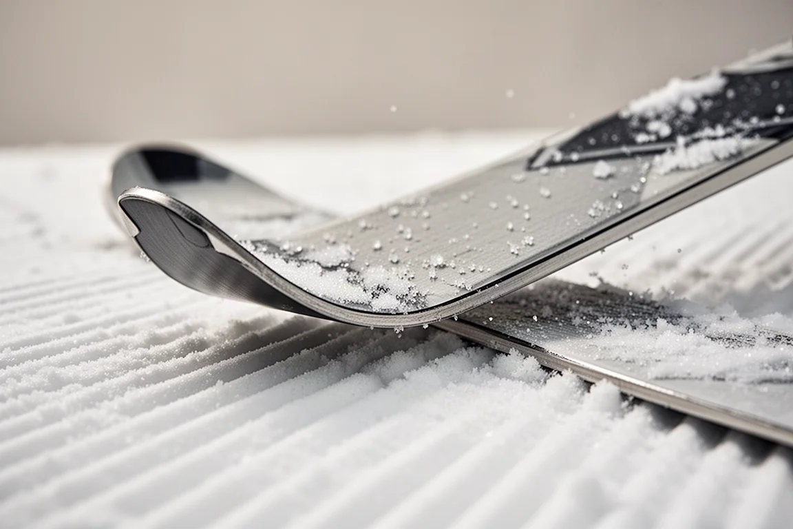 Nahaufnahme einer Metallkante, die sich in festen, präparierten Pulverschnee gräbt