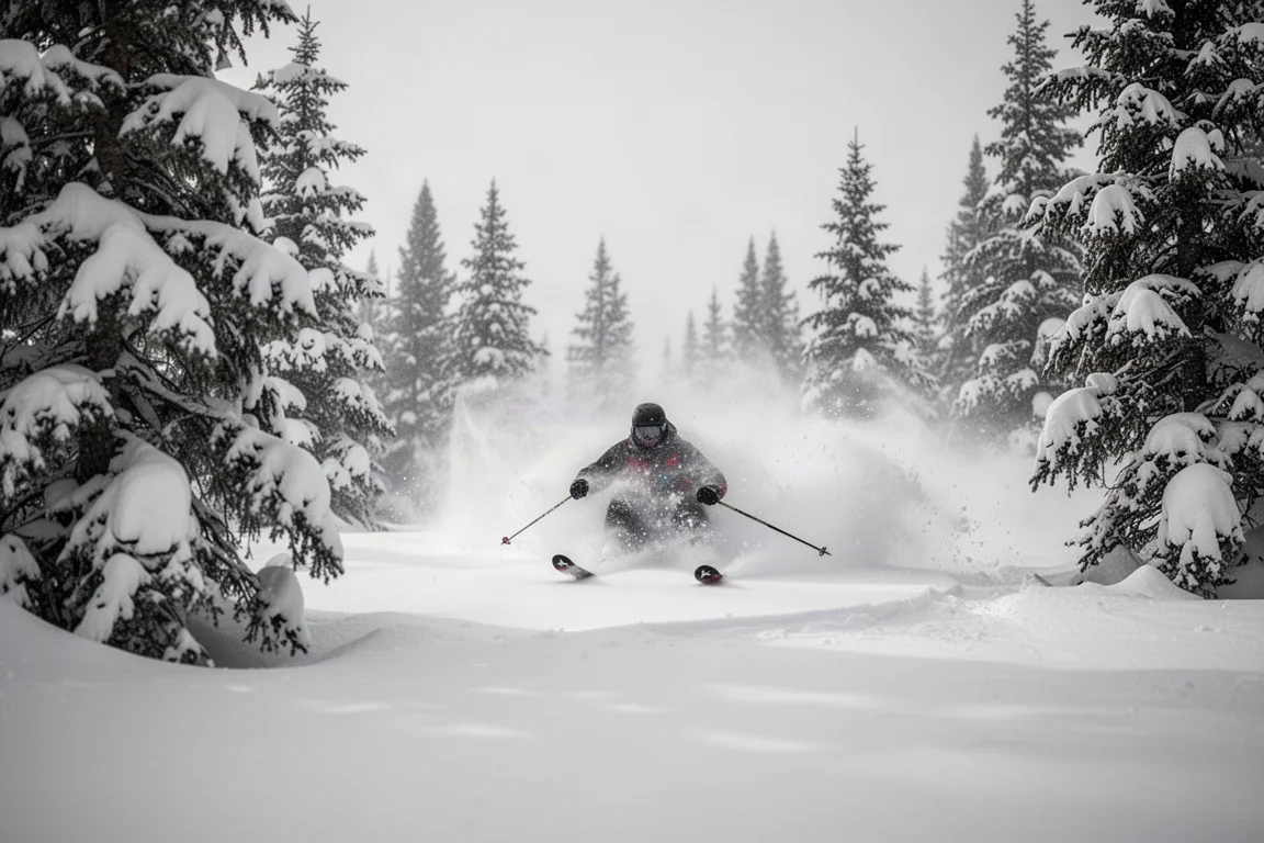 Skifahrer gleitet durch tiefen Pulverschnee neben schneebedeckten Nadelbäumen