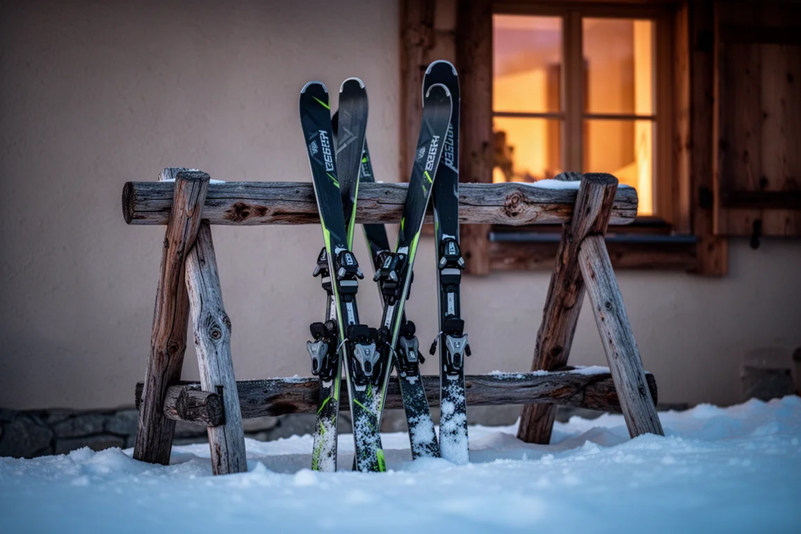 Drei All-Mountain-Skier lehnen in der Abenddämmerung an einem Holzständer vor einer Hütte