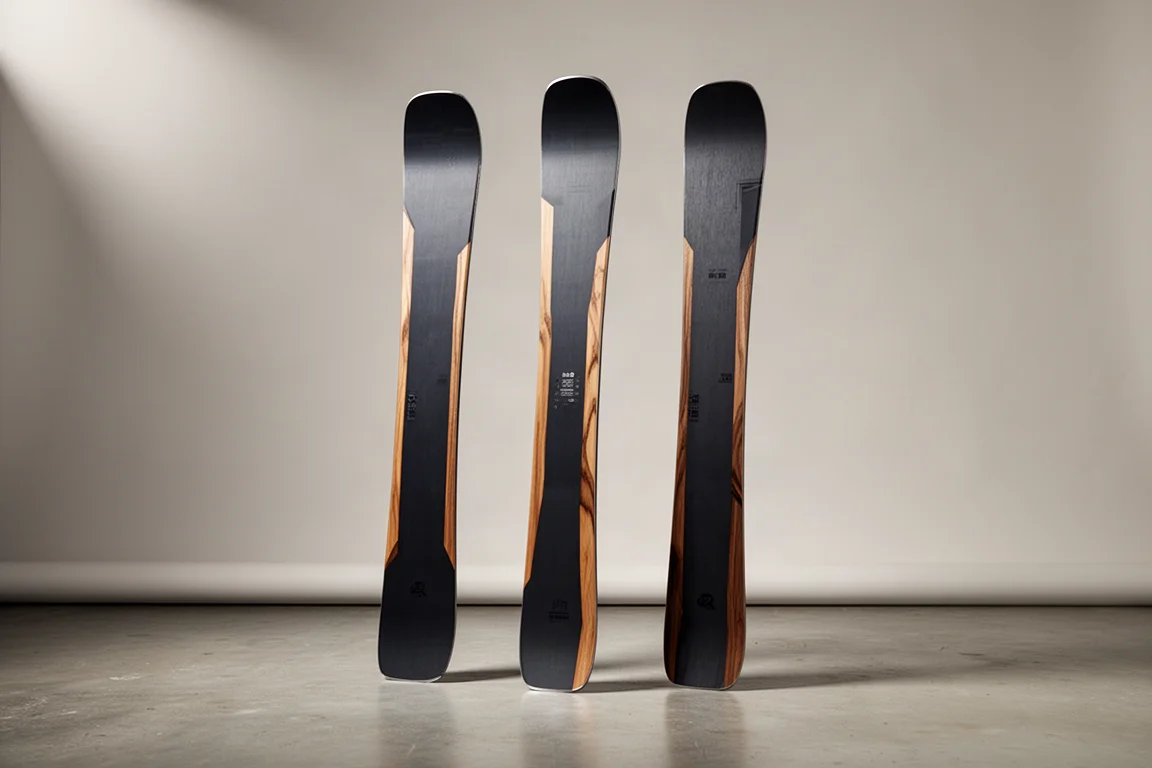 Three all-mountain skis of different widths standing upright on a concrete floor
