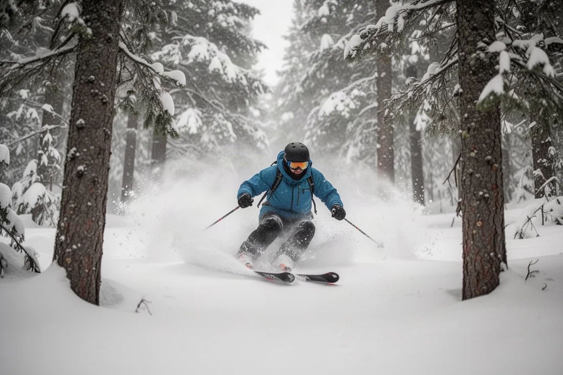 Esquiador pivotando entre árboles en nieve fuera de pista suave