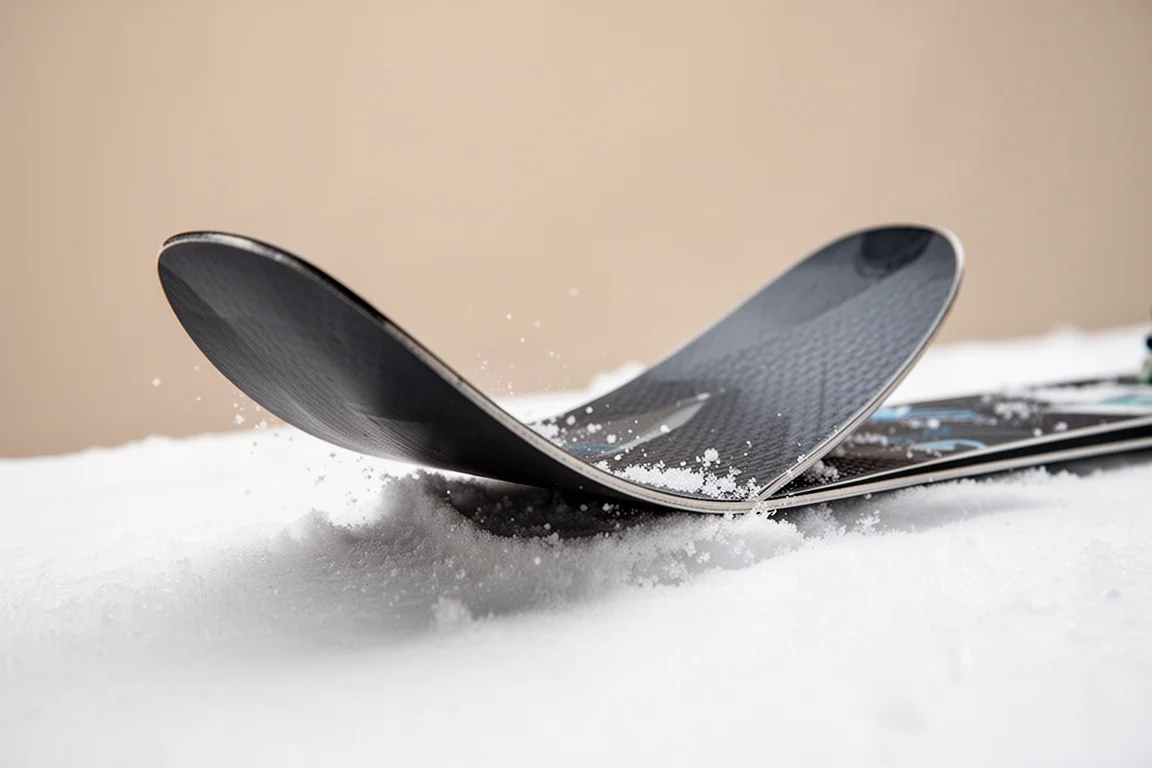 Detalle de la cola de un esquí mostrando el perfil rocker sobre la nieve