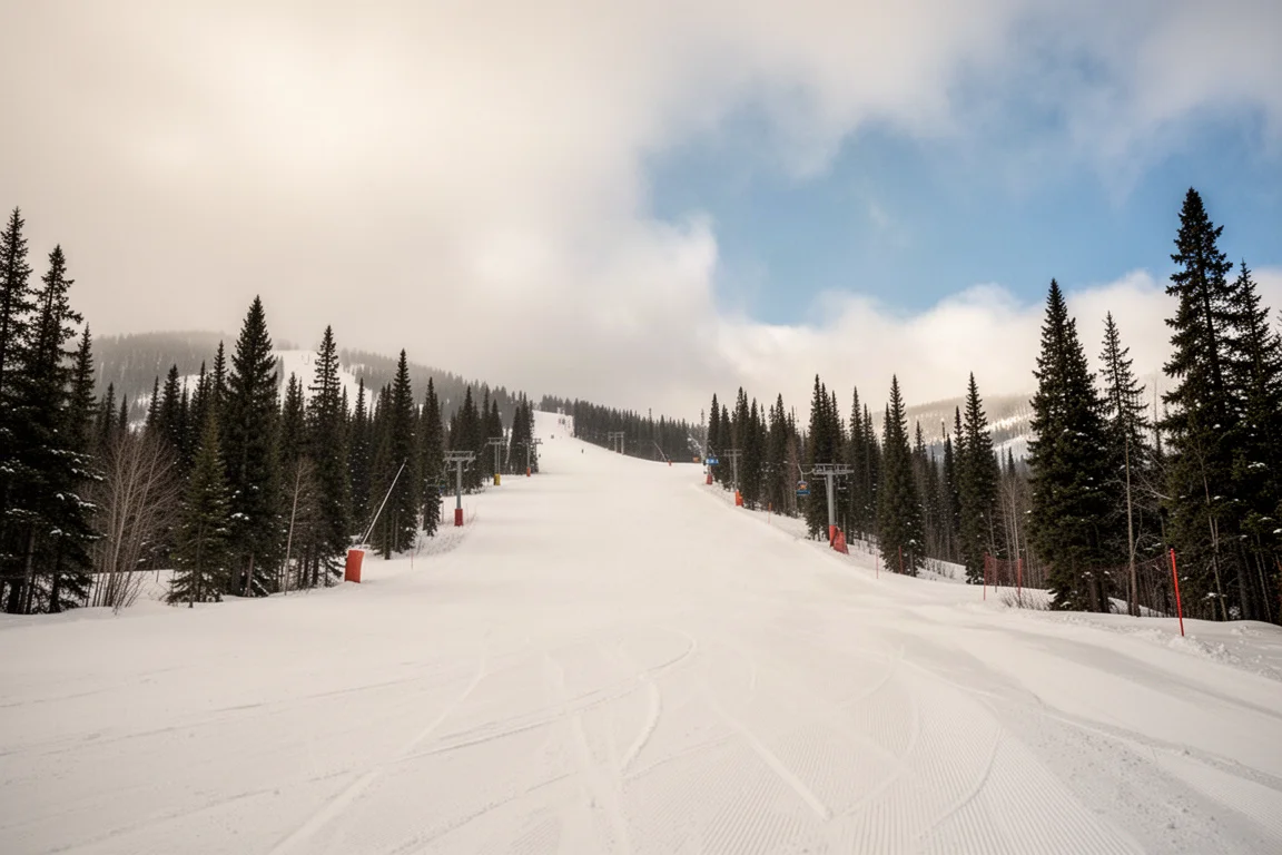 Empty groomed ski run with soft snow and pine trees under a pale sky