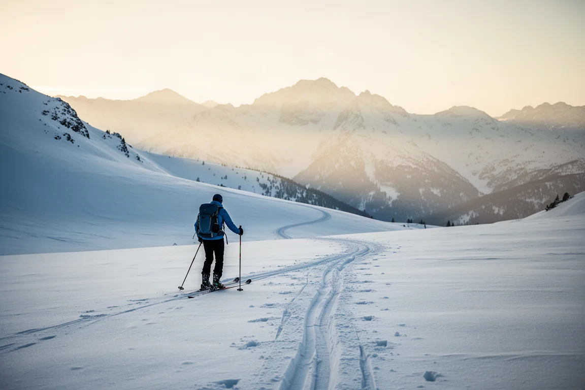 Backcountry skier skinning uphill on an untracked snow slope at dawn