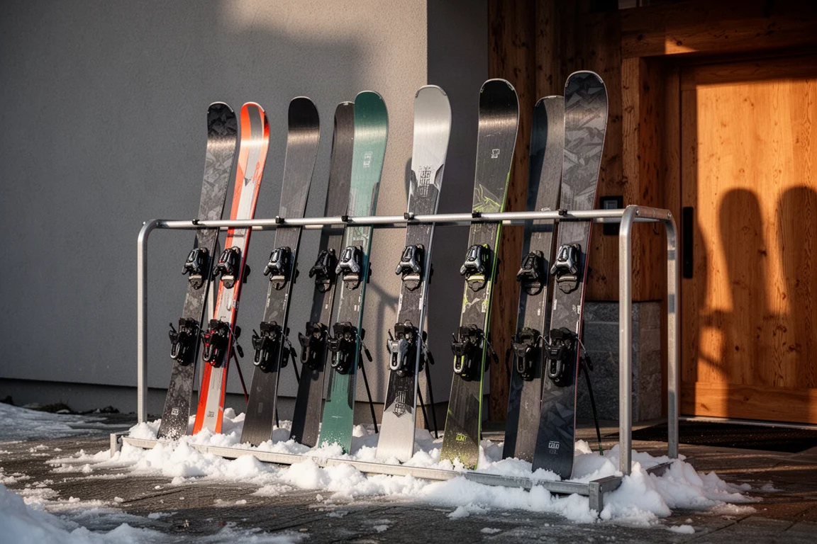 Row of freeride skis standing in a metal rack outside a mountain lodge