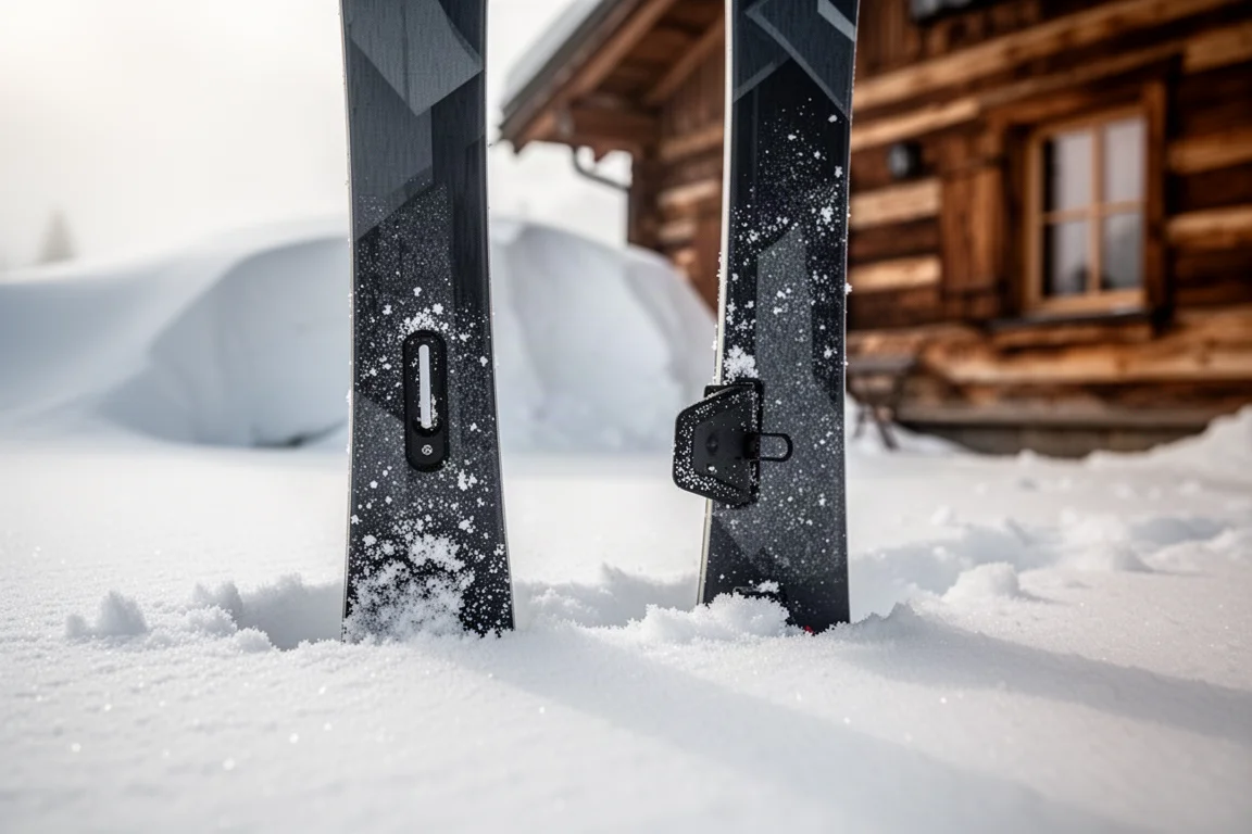 Primer plano de dos colas de esquís de freeride plantados en nieve fresca frente a una cabaña