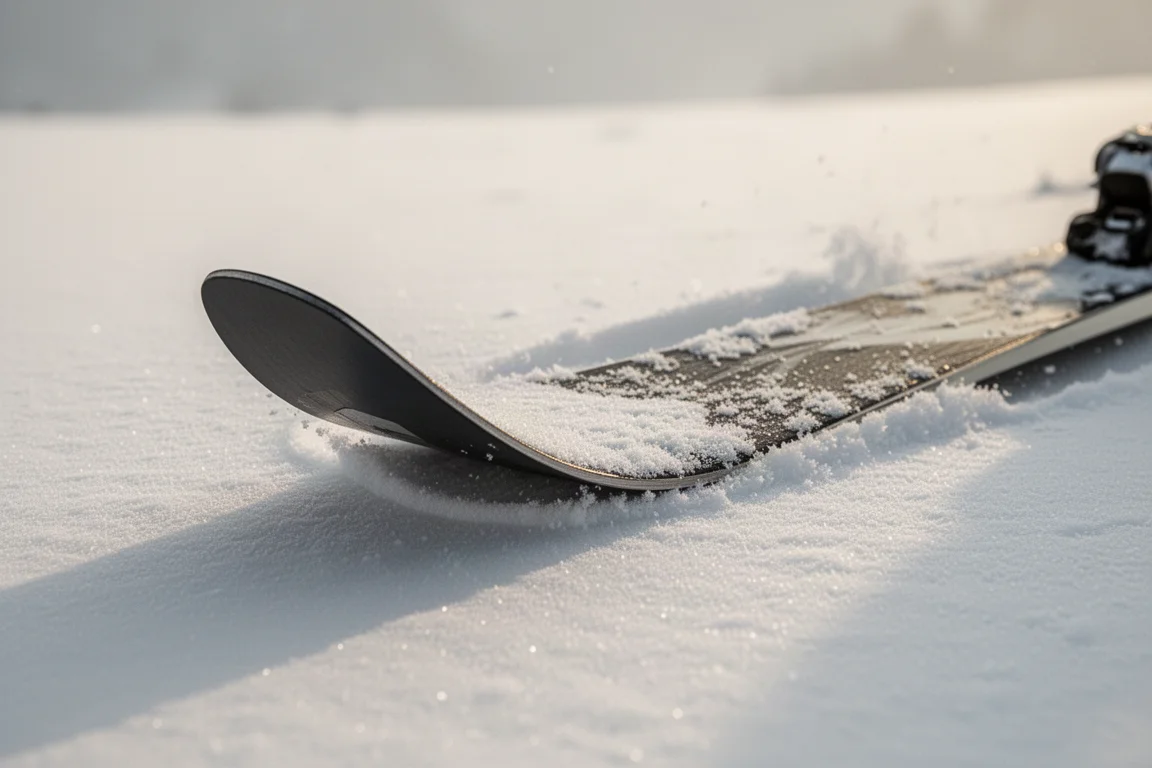 Punta y sidecut de un esquí de freeride presionados en nieve compactada mostrando el perfil de rocker