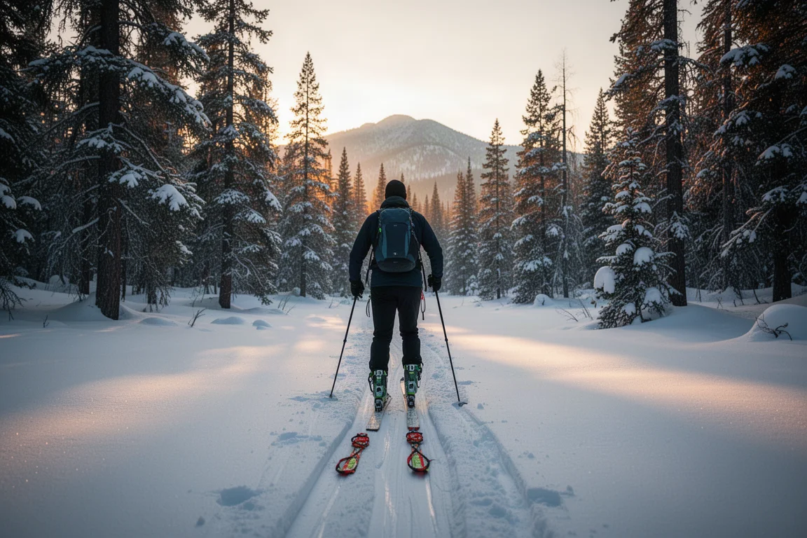 Esquiador ascendiendo por un sendero de pieles entre el bosque al amanecer, visto desde atrás