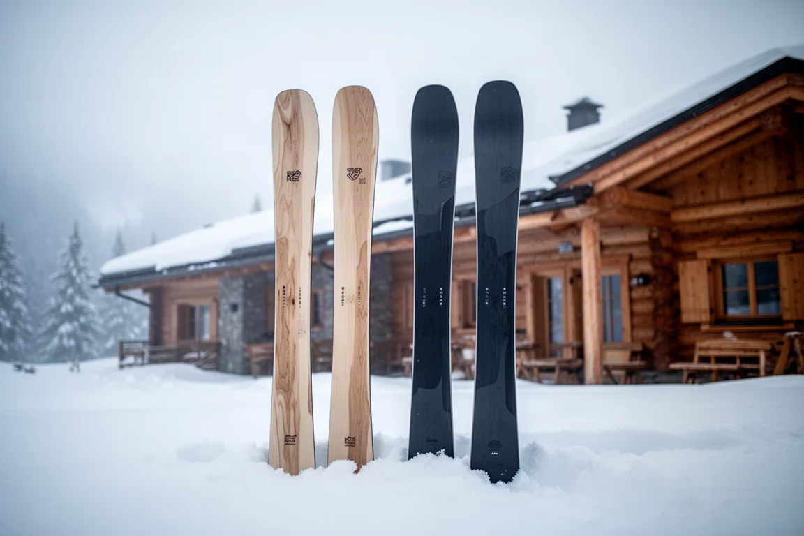 Two pairs of freeride skis standing in fresh snow beside a timber lodge