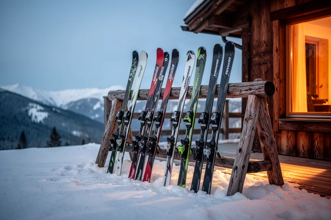 Narty all-mountain oparte o drewniany stojak na tarasie schroniska o zmierzchu