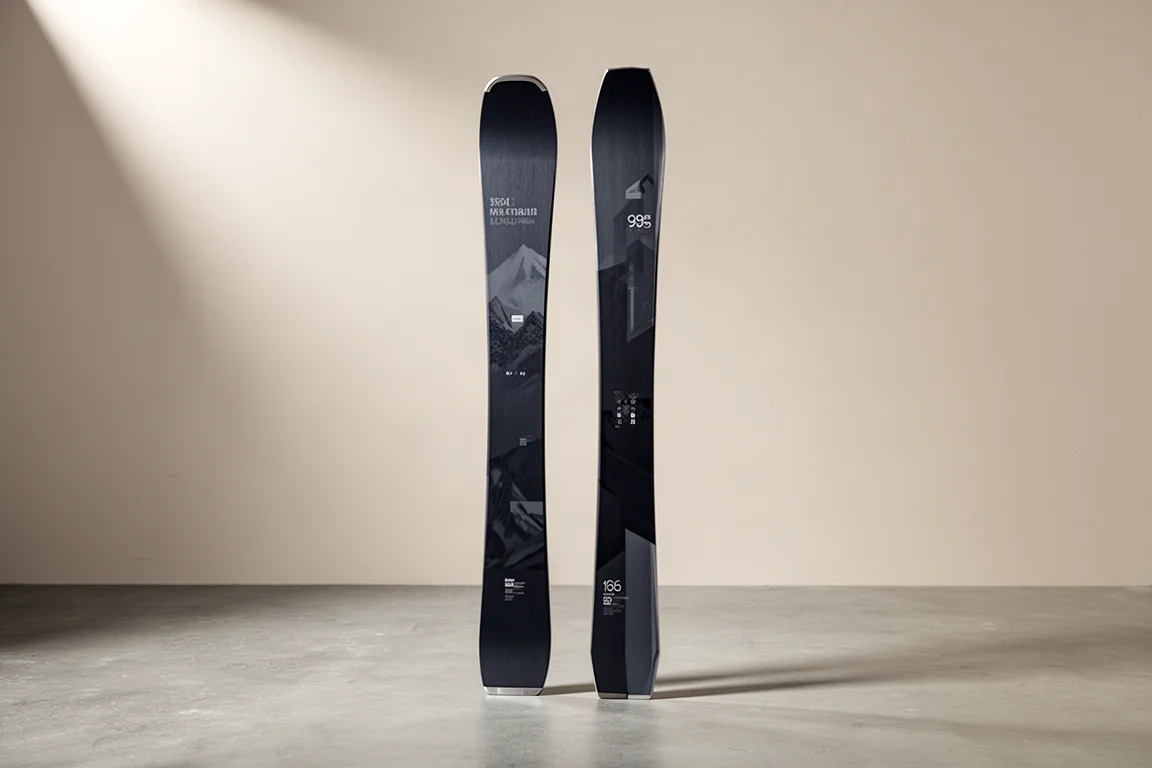 Two pairs of all-mountain skis standing upright on a matte concrete surface