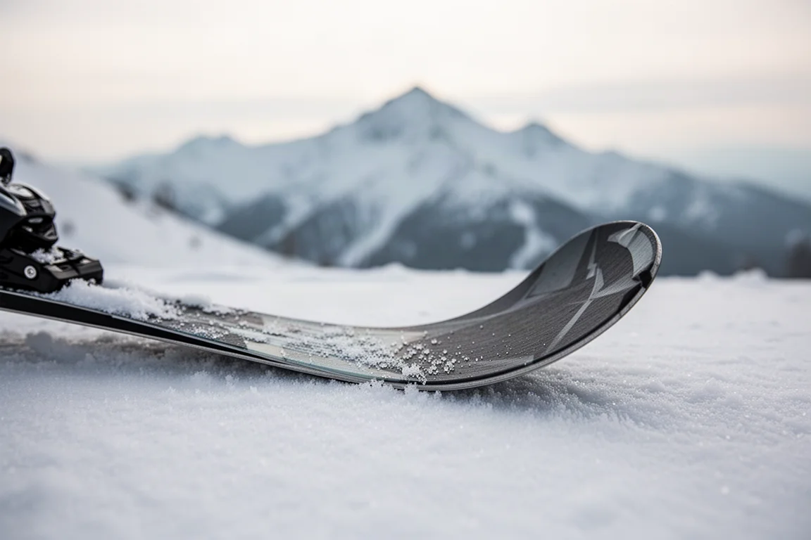 Primer plano de la cola de un esquí apoyada sobre nieve compactada mostrando la curva del rocker
