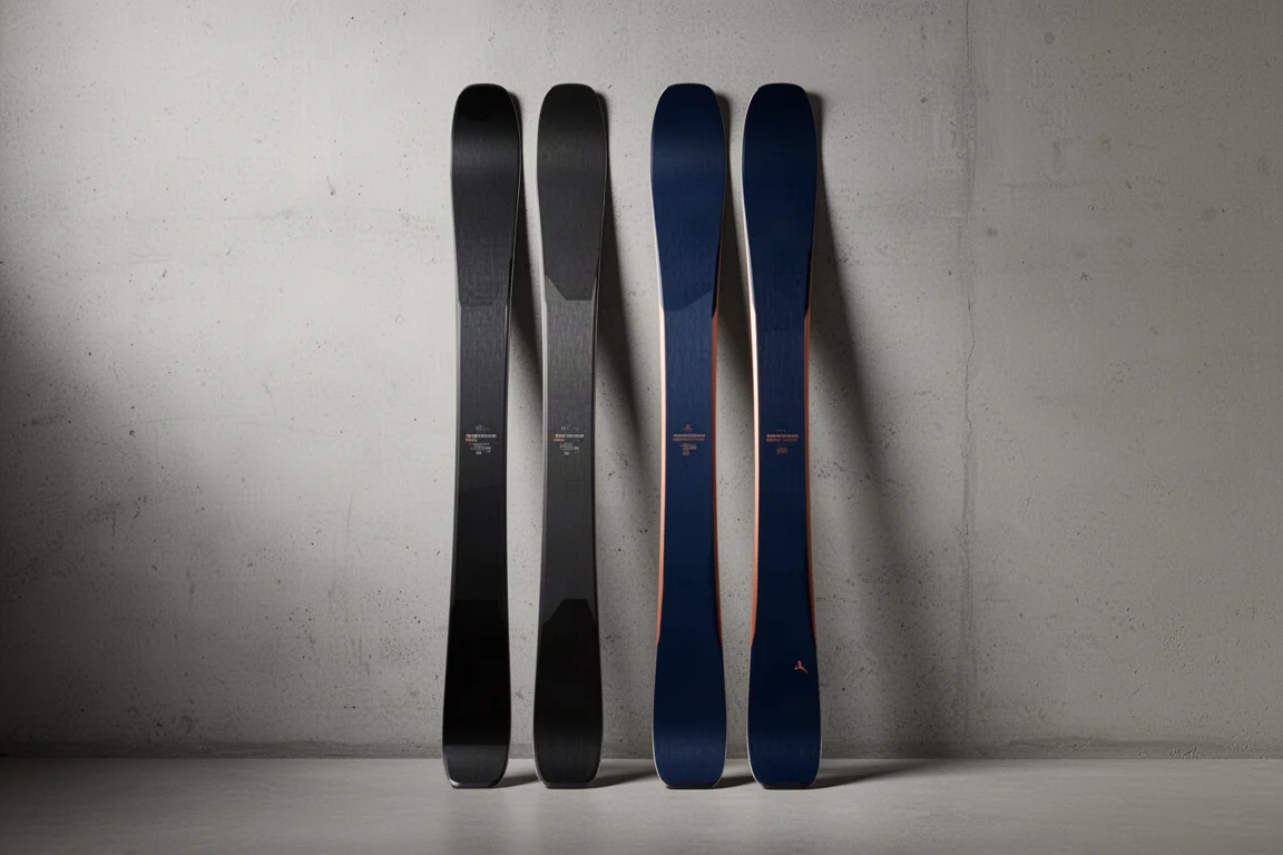 Two pairs of all-mountain skis leaning against a concrete wall in soft studio light
