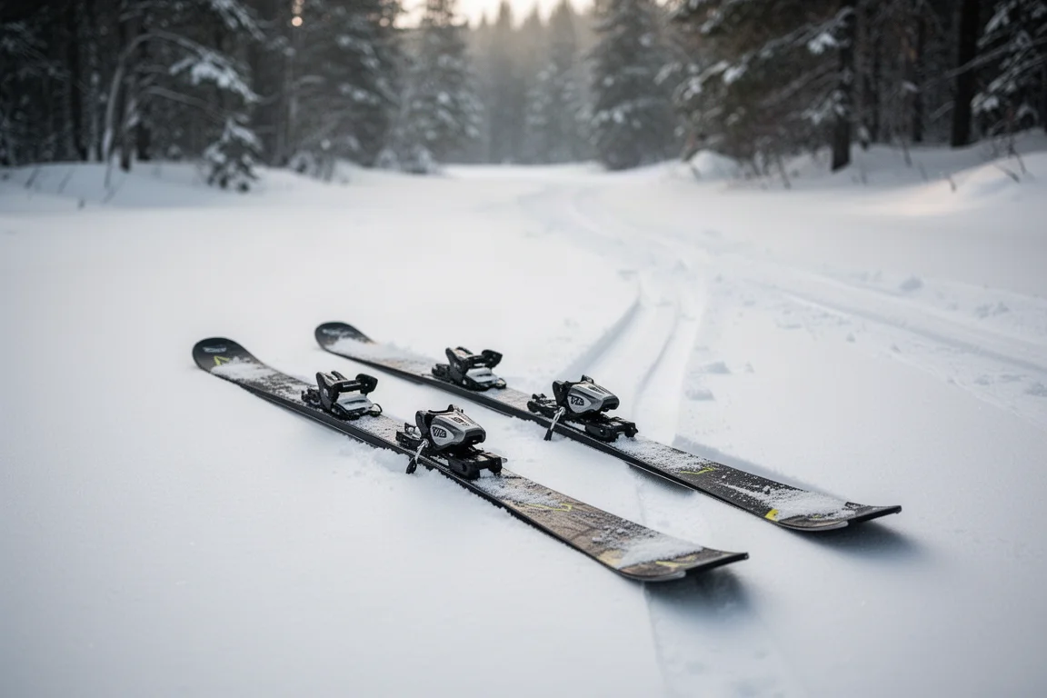 Allmountainskidor i ett rack vid en lodges veranda i skymningen