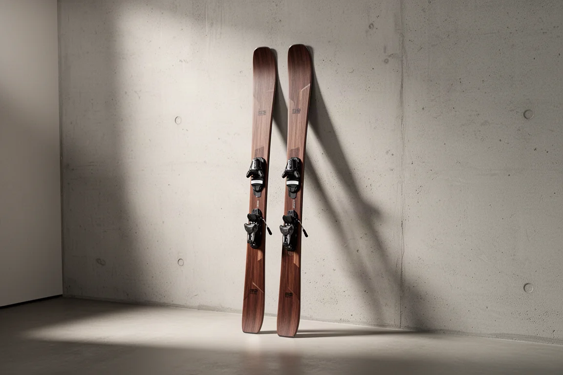 Paar All-Mountain-Skier lehnt an einer Holzwand neben festgetretenem Schnee